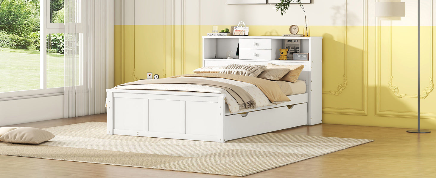 Full Size Wood Pltaform Bed With Win Size Trundle, 3 Drawers, Upper Shelves And A Set Of Usb Ports & Sockets, White White Solid Wood Mdf