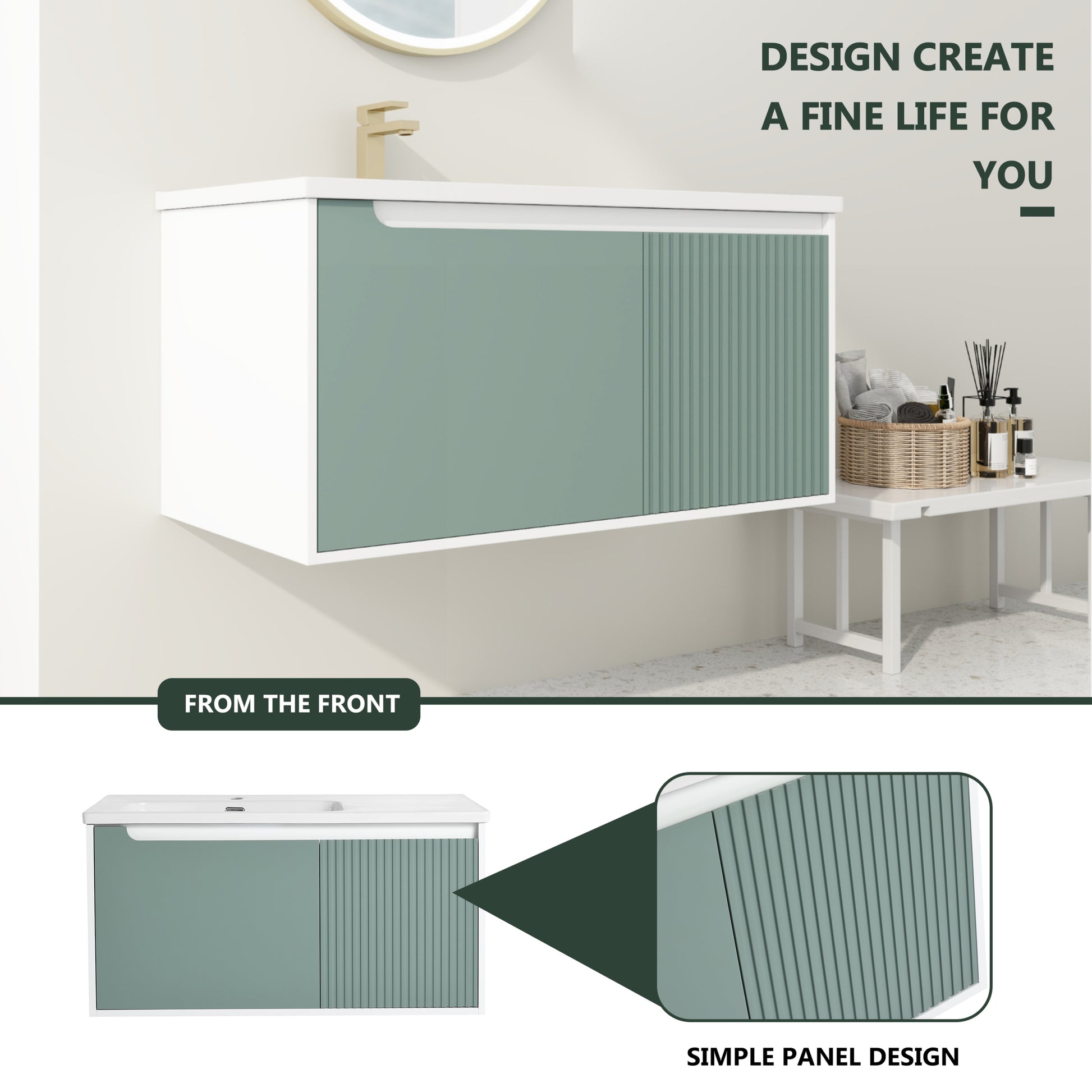 40 '' Wall Mounted Bathroom Vanity With Ceramic Sink, Bathroom Vanity With Soft Close Door Mint Green Bathroom Wall Mounted Modern Plywood