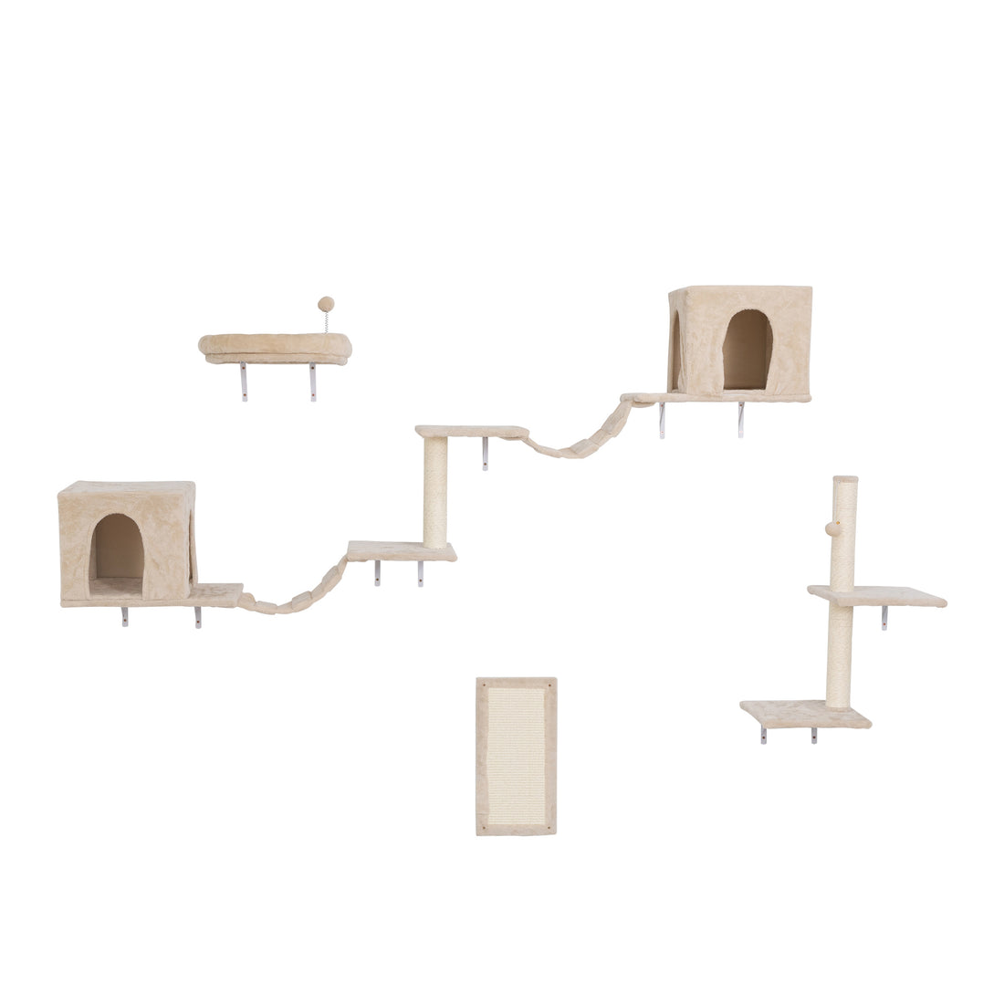 Wall Mounted Cat Tree, Cat Furniture With 2 Cat Condos House, 3 Cat Wall Shelves, 2 Ladder, 1 Cat Perch, Sisal Cat Scratching Posts And Pad Beige Particle Board