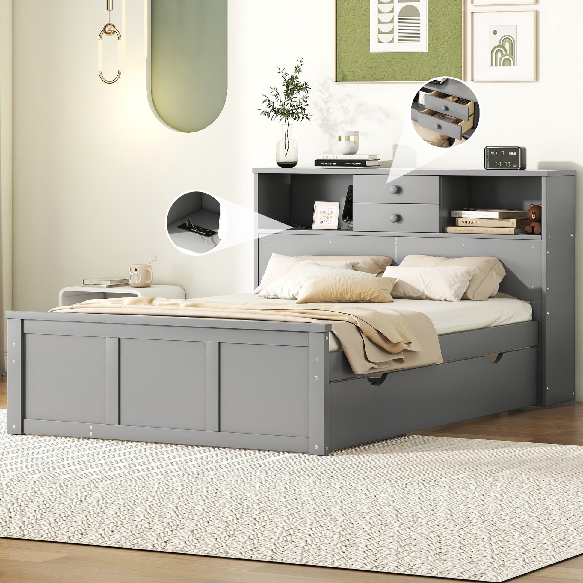 Full Size Wood Pltaform Bed With Win Size Trundle, 3 Drawers, Upper Shelves And A Set Of Usb Ports & Sockets, Gray Gray Solid Wood Mdf