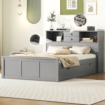 Full Size Wood Pltaform Bed With Win Size Trundle, 3 Drawers, Upper Shelves And A Set Of Usb Ports & Sockets, Gray Gray Solid Wood Mdf