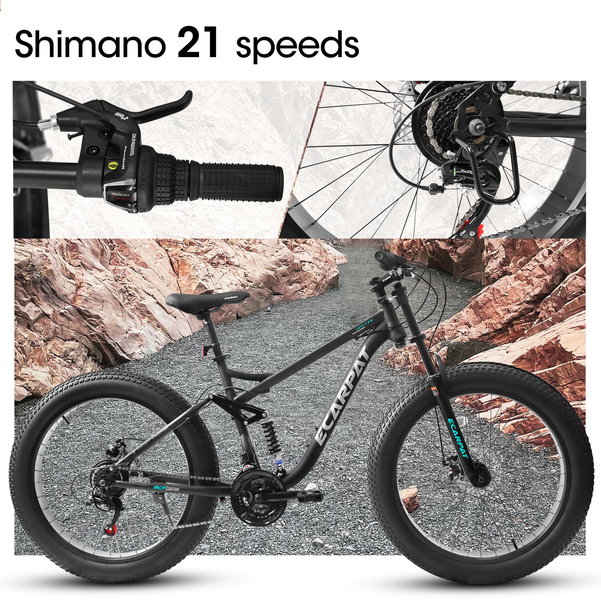 A26309 26 Inch Mountain Bike,Full Suspension 21 Speeds Drivetrain With Disc Brake Mtb Bicycle, 26*4" Fat Tire Bike For Men Or Women. Black Steel