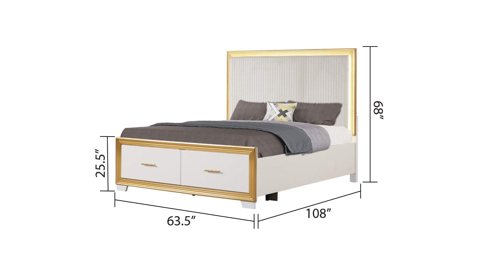 Contemporary Style Queen Tufted Bed Made With Wood & Gold Finish Box Spring Not Required Queen White Wood White Bedroom Contemporary,Modern Slat Beds Solid Wood Mdf Wood