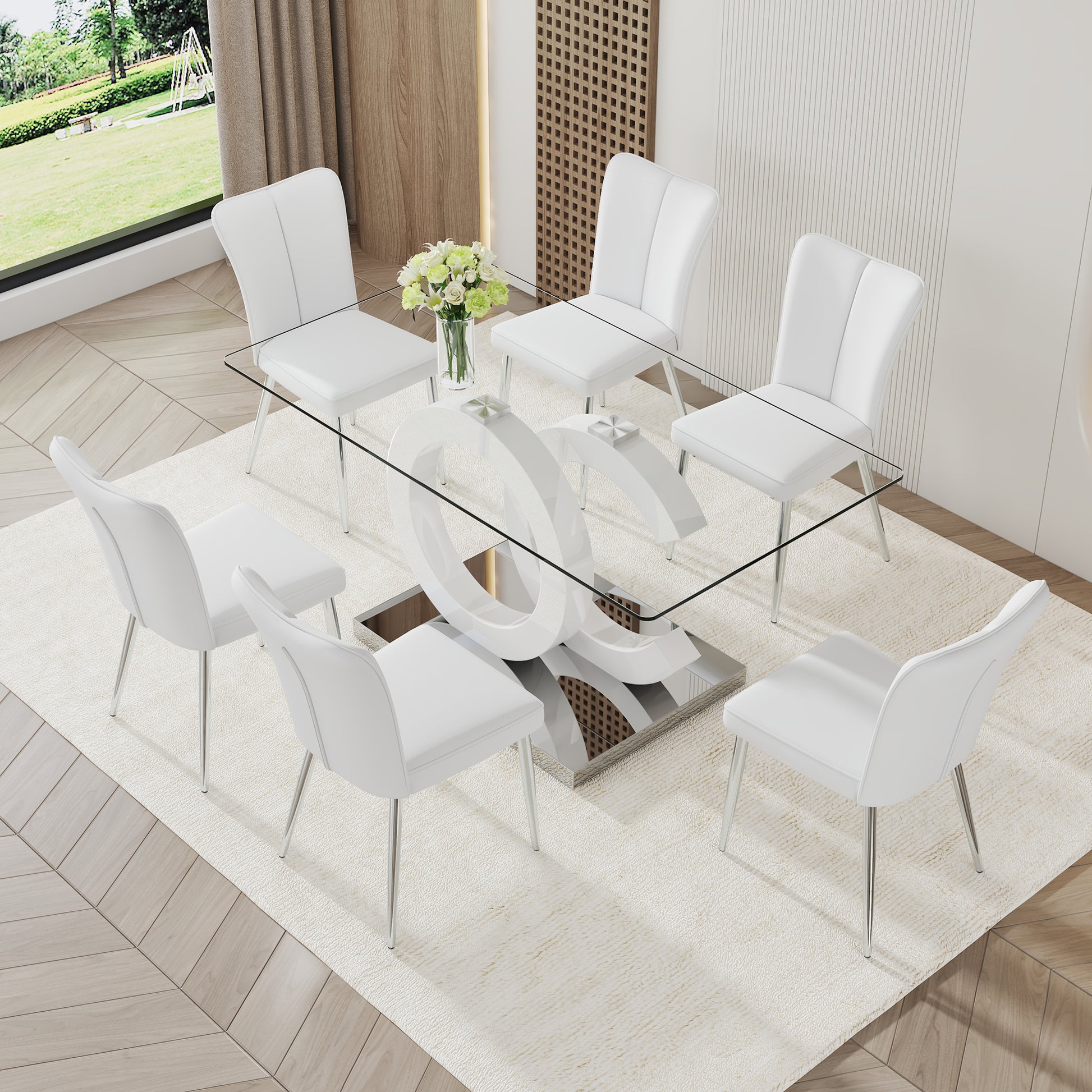 Large Modern Minimalist Rectangular Glass Dining Table, Suitable For 6 8 People, Equipped With 0.39 "Tempered Glass Tabletop, White Mdf Oc Shaped Bracket And Metal Base, Suitable For Kitchen White Glass