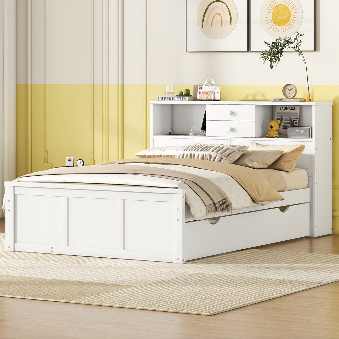 Full Size Wood Pltaform Bed With Win Size Trundle, 3 Drawers, Upper Shelves And A Set Of Usb Ports & Sockets, White White Solid Wood Mdf