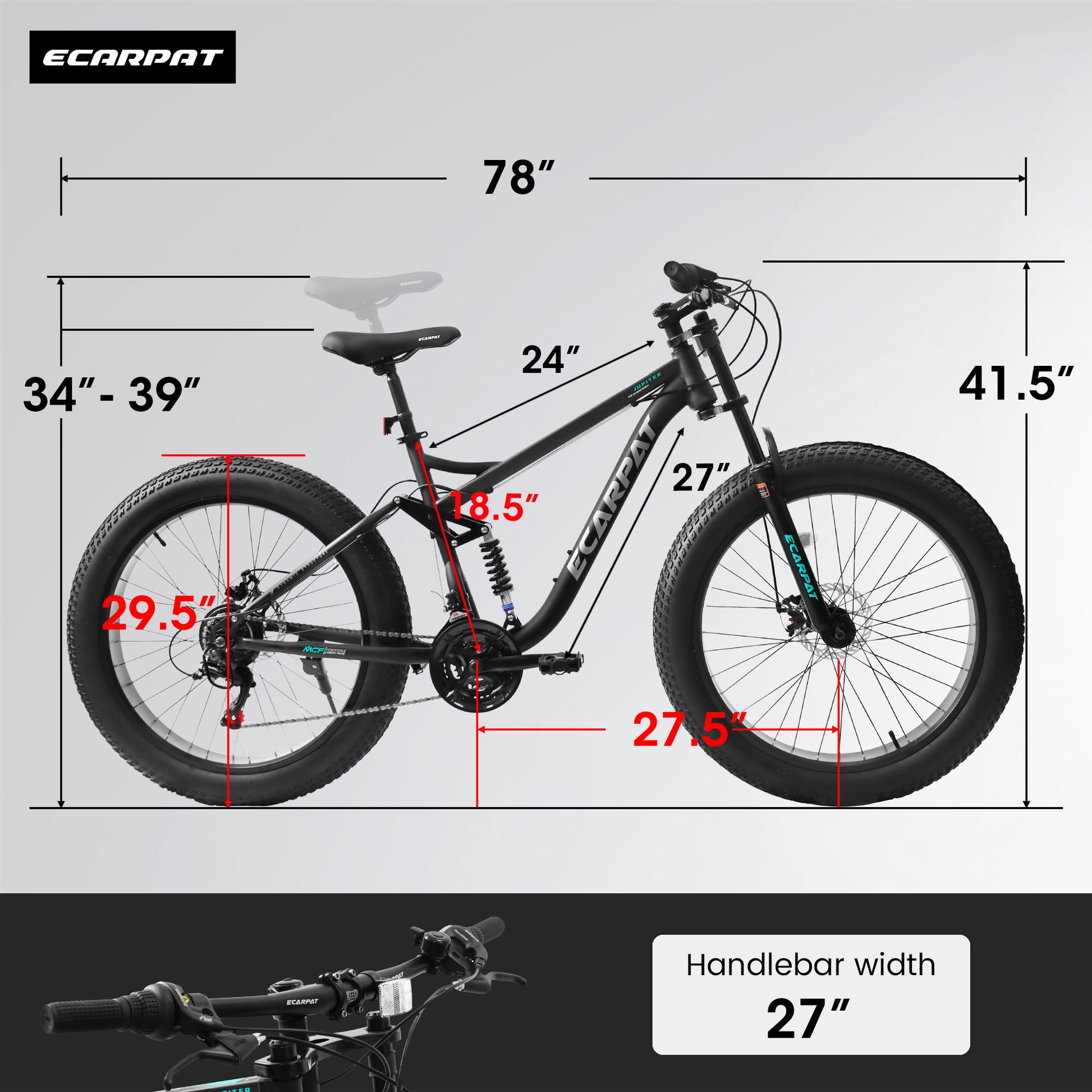 A26309 26 Inch Mountain Bike,Full Suspension 21 Speeds Drivetrain With Disc Brake Mtb Bicycle, 26*4" Fat Tire Bike For Men Or Women. Black Steel