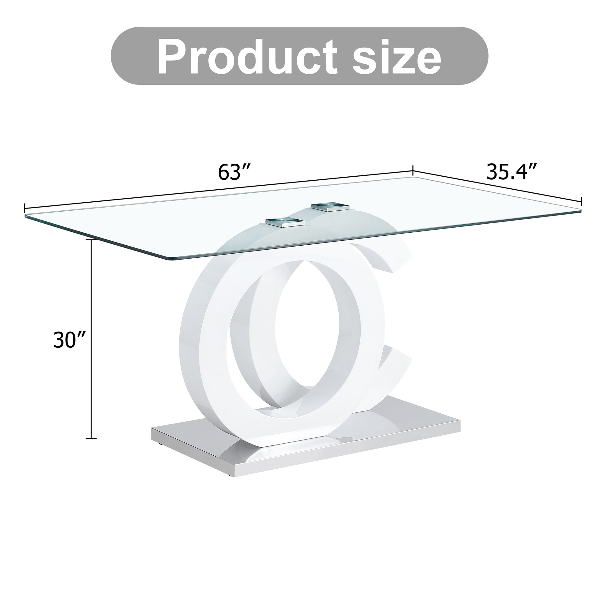 Large Modern Minimalist Rectangular Glass Dining Table, Suitable For 6 8 People, Equipped With 0.39 "Tempered Glass Tabletop, White Mdf Oc Shaped Bracket And Metal Base, Suitable For Kitchen White Glass