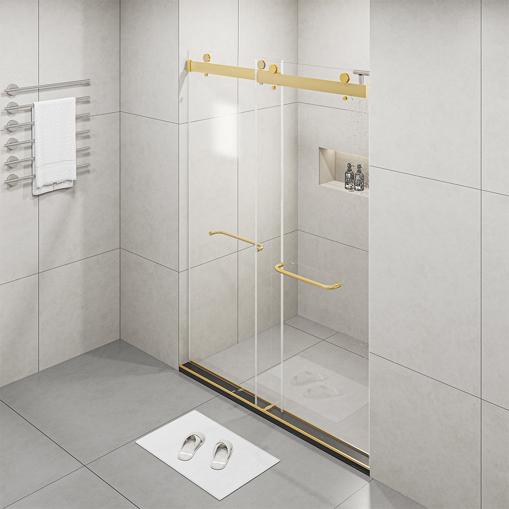 Frameless Sliding Glass Shower Doors 60" Width X 76"Height With 3 8" 10Mm Clear Tempered Glass, Brushed Gold Brushed Gold Bathroom American Design Stainless Steel Tempered Glass