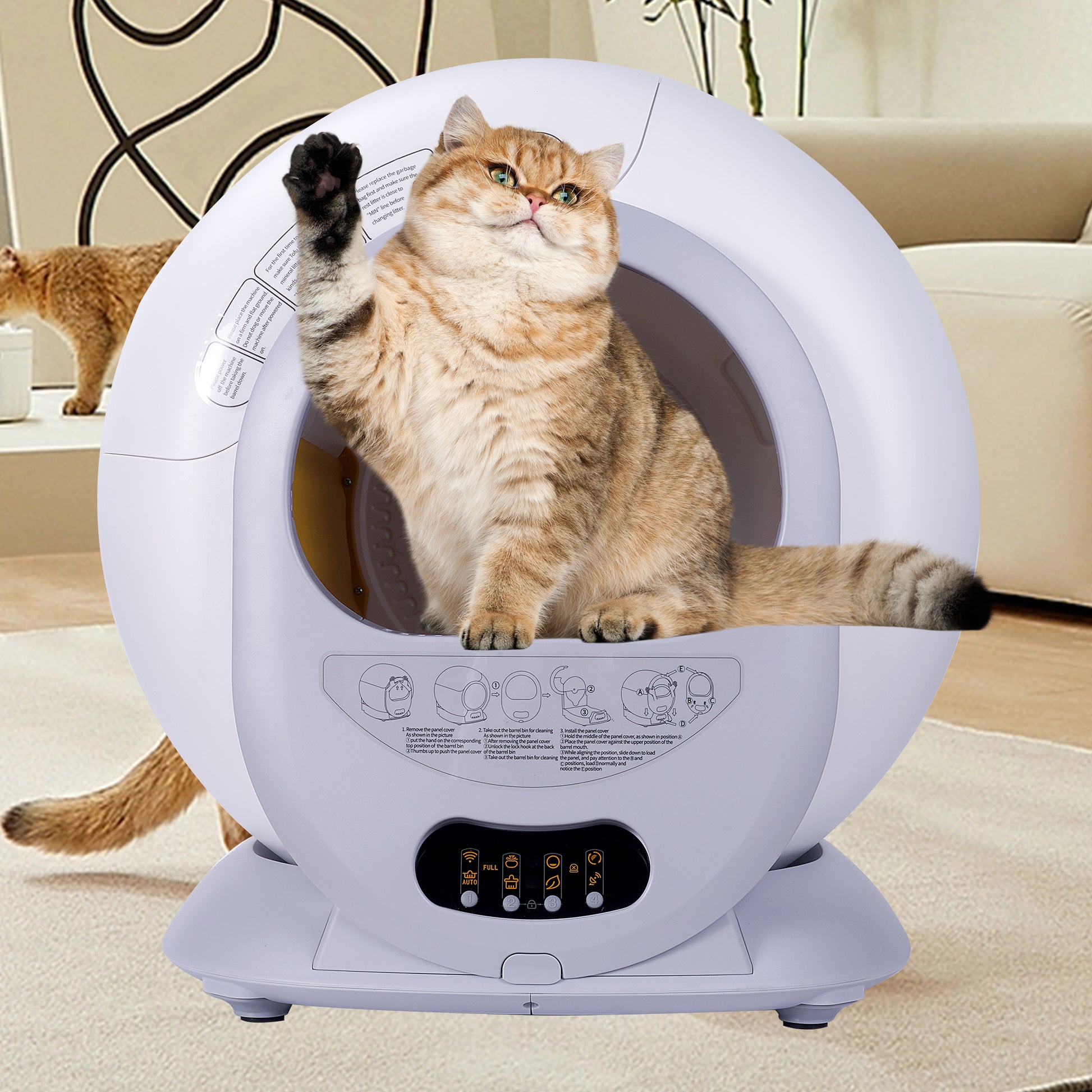 Self Cleaning Cat Litter Box, Automatic Scooping And Odor Removal, App Control Support 2.4G Wifi Keyed Model Gray White Matte Polypropylene