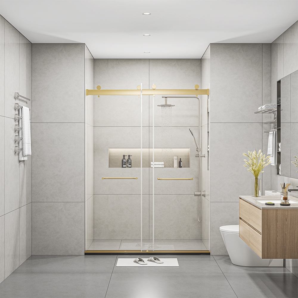 Frameless Sliding Glass Shower Doors 60" Width X 76"Height With 3 8" 10Mm Clear Tempered Glass, Brushed Gold Brushed Gold Bathroom American Design Stainless Steel Tempered Glass