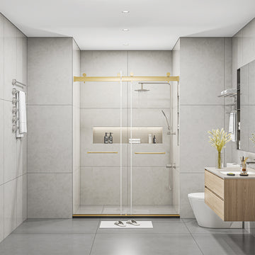 Frameless Sliding Glass Shower Doors 60" Width X 76"Height With 3 8" 10Mm Clear Tempered Glass, Brushed Gold Brushed Gold Bathroom American Design Stainless Steel Tempered Glass