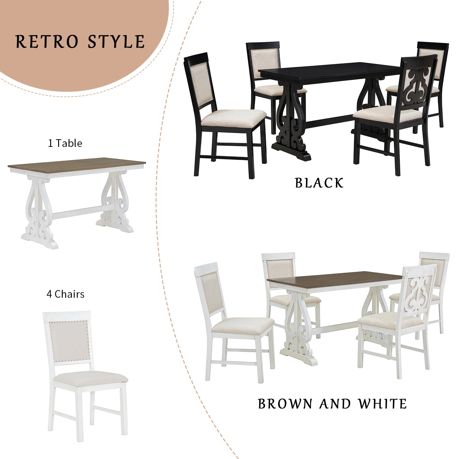 5 Piece Retro Dining Set, Rectangular Wooden Dining Table And 4 Upholstered Chairs For Dining Room And Kitchen Brown White Brown White Solid Wood Mdf