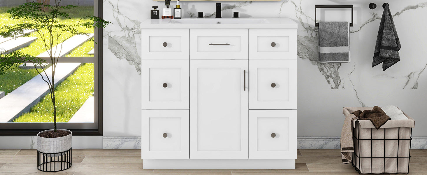 Modern White 36 Inch Freestanding Bathroom Vanity Cabinet With Resin Integrated Basin With 4 Drawers 1 Soft Close Door, Multi Functional Storage White Mdf