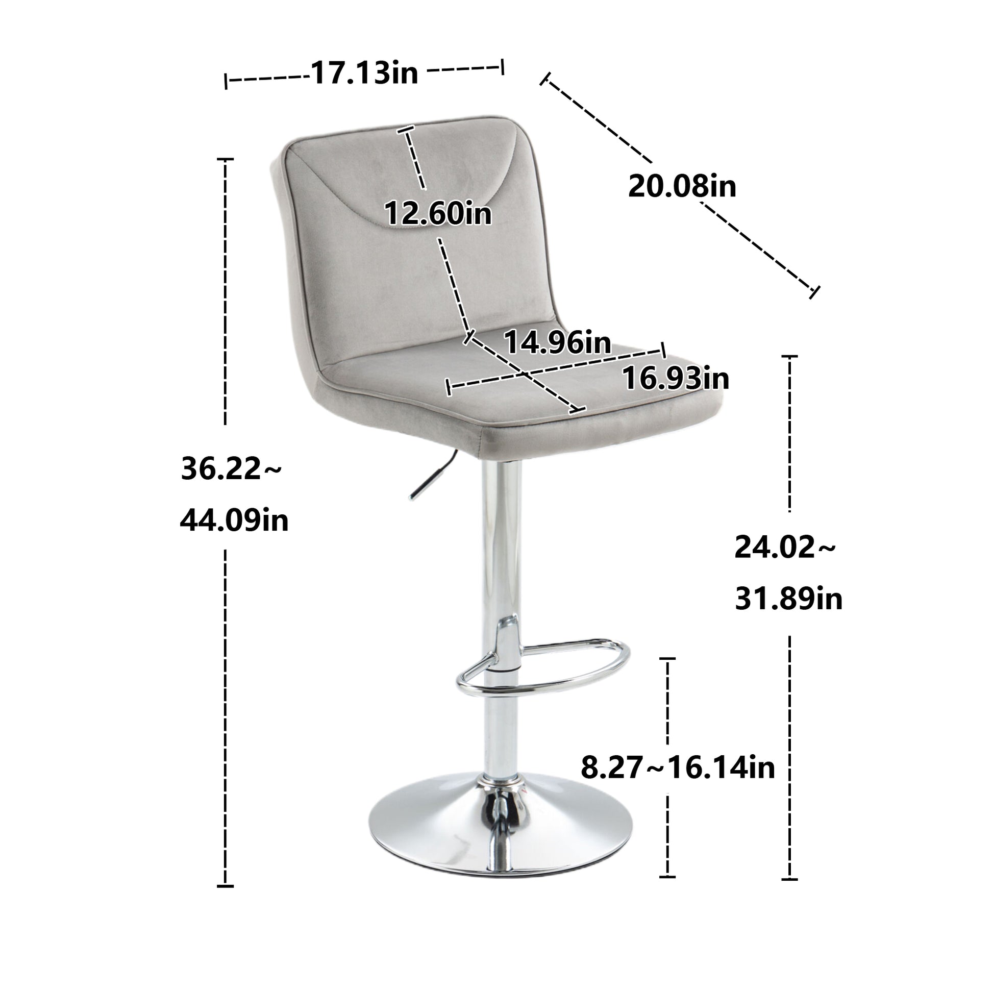 Coolmore Bar Stools With Back And Footrest Counter Height Dining Chairs 2Pc Set,360 Velvet Swivel Bar Stools Set Of 2, Adjustable Counter Height Bar Chairs Gray Velvet Gray Primary Living Space Foam Velvet