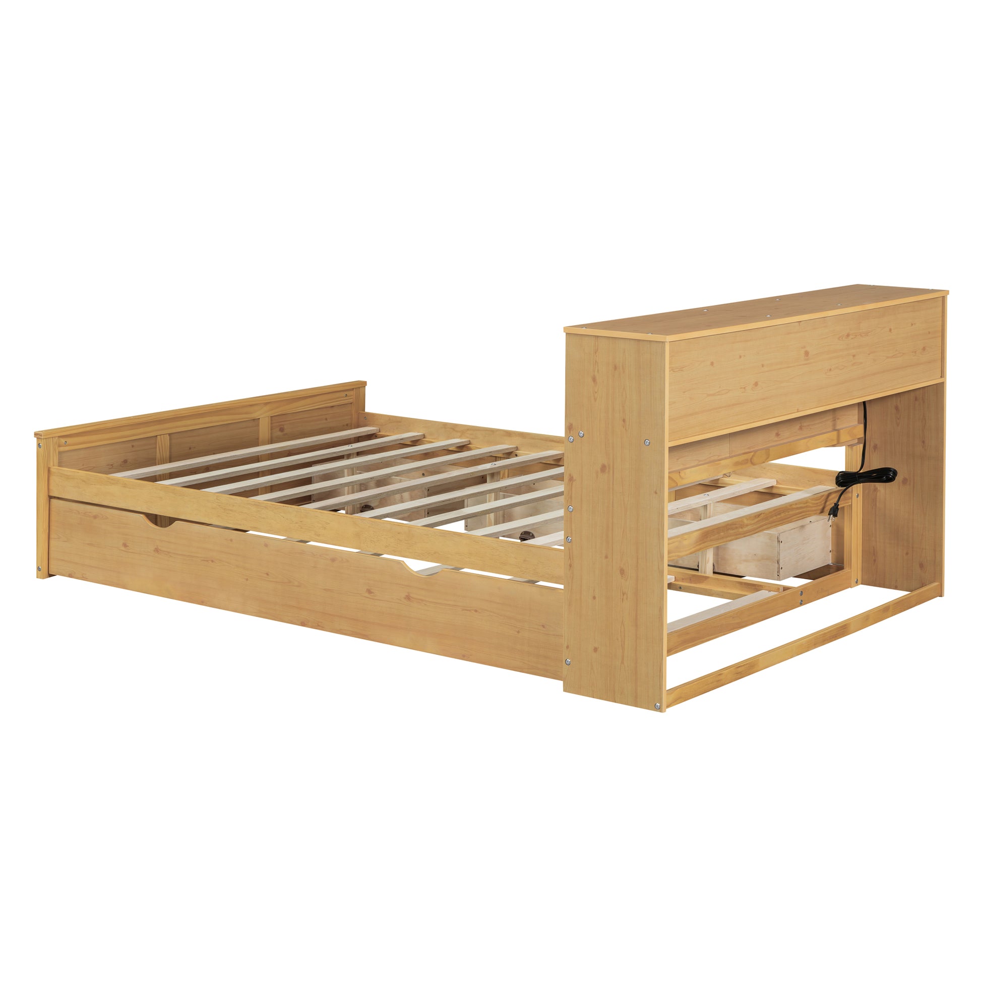 Full Size Wood Pltaform Bed With Twin Size Trundle, 3 Drawers, Upper Shelves And A Set Of Usb Ports & Sockets, Natural Natural Solid Wood Mdf