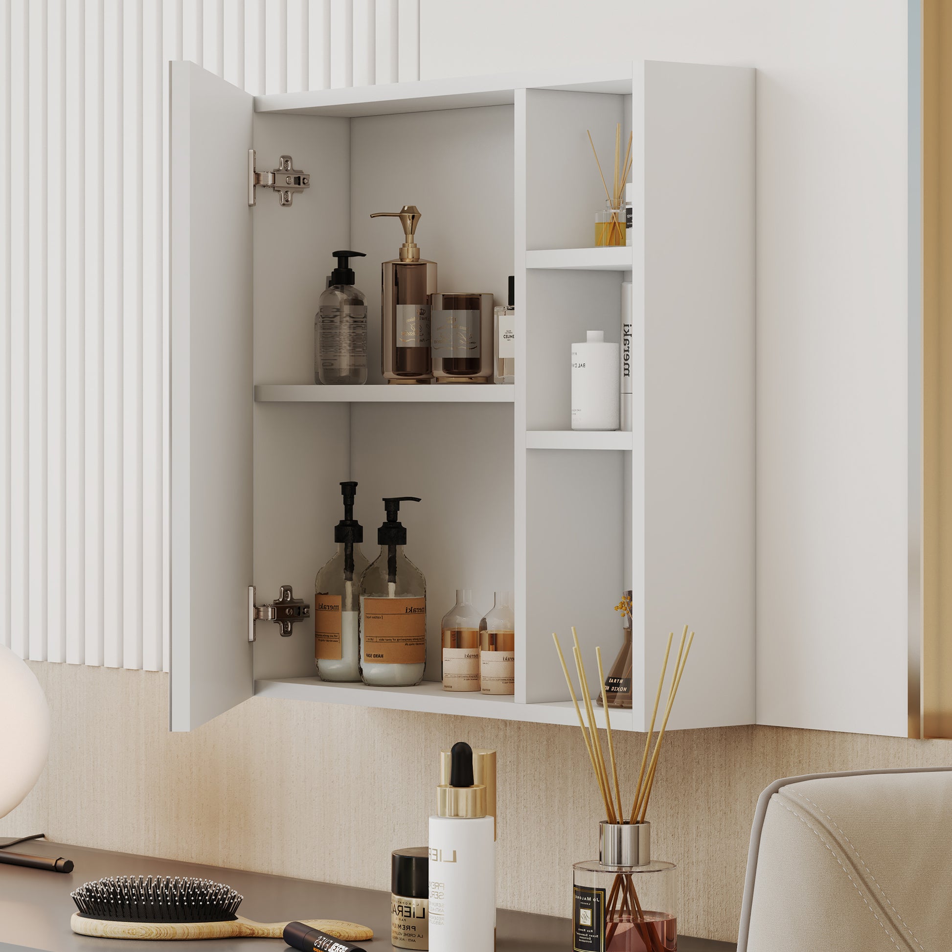 A White Mdf Material Mirror Cabinet, Bathroom Mirror, And A Separate Wall Mounted Bathroom Mirror For Storage And Space Saving. White Mdf Glass