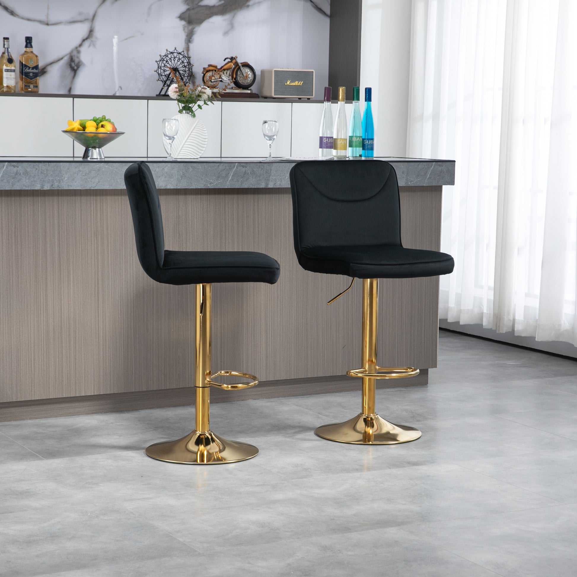 Coolmore Bar Stools With Back And Footrest Counter Height Dining Chairs 2Pc Set,360 Velvet Swivel Bar Stools Set Of 2, Adjustable Counter Height Bar Chairs Black Velvet Black Primary Living Space Foam Velvet