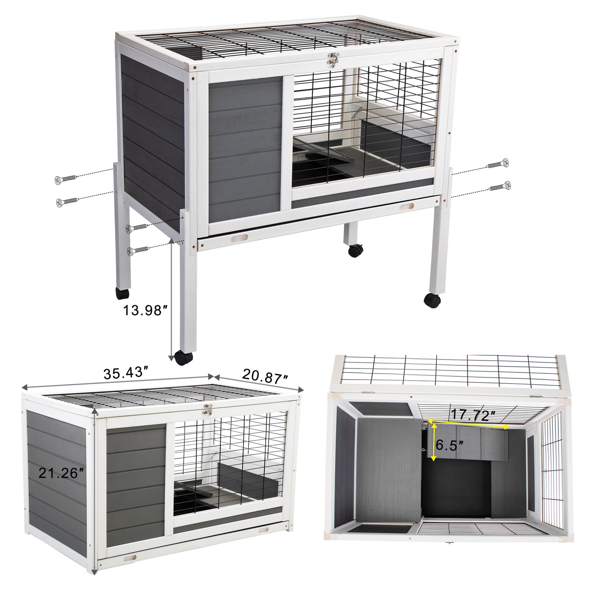 Wooden Rabbit Hutch With Wheels, Indoor Outdoor Pet House With Pull Out Tray Gray And White Gray Wood