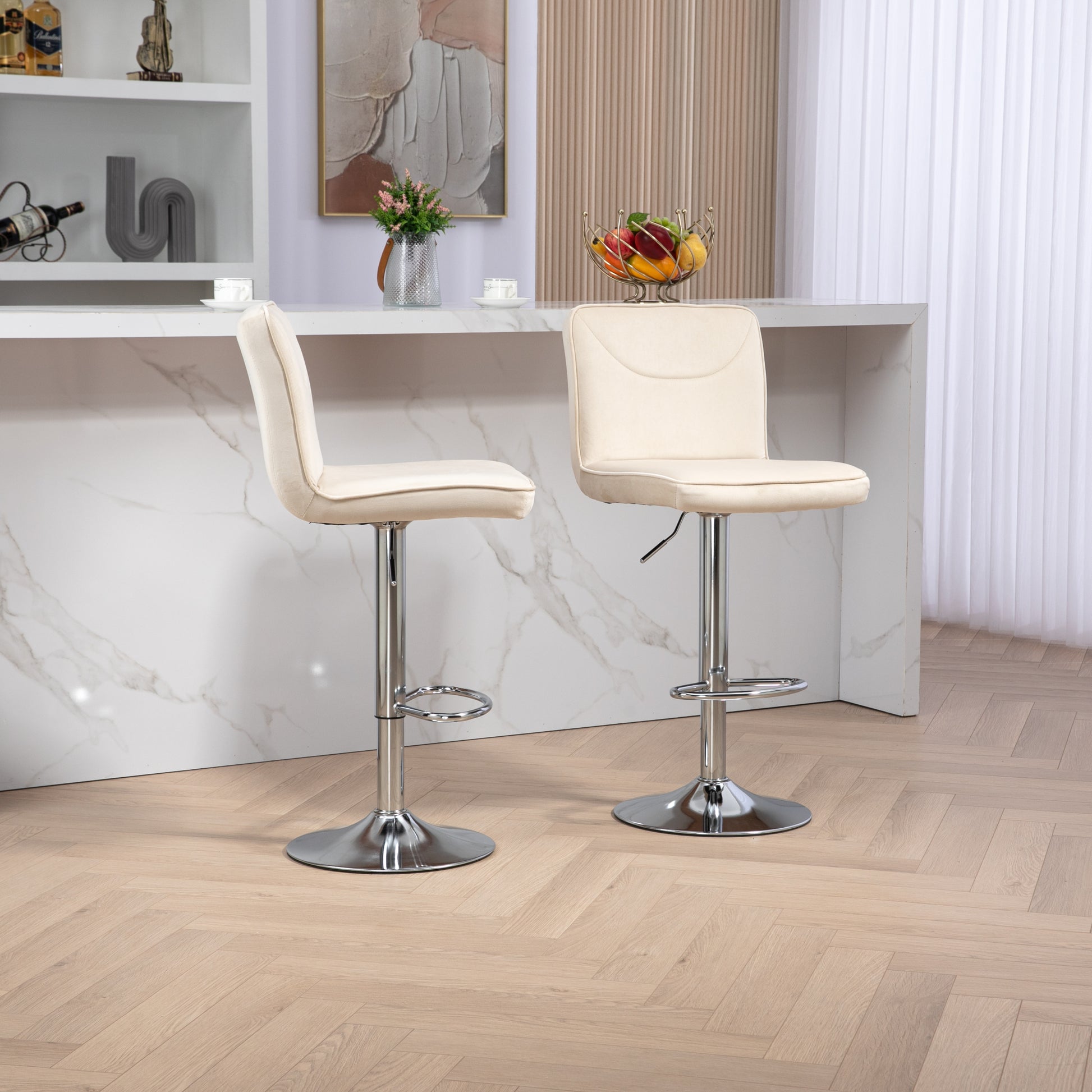 Coolmore Bar Stools With Back And Footrest Counter Height Dining Chairs 2Pc Set,360 Velvet Swivel Bar Stools Set Of 2, Adjustable Counter Height Bar Chairs Ivory Velvet Ivory Foam Velvet