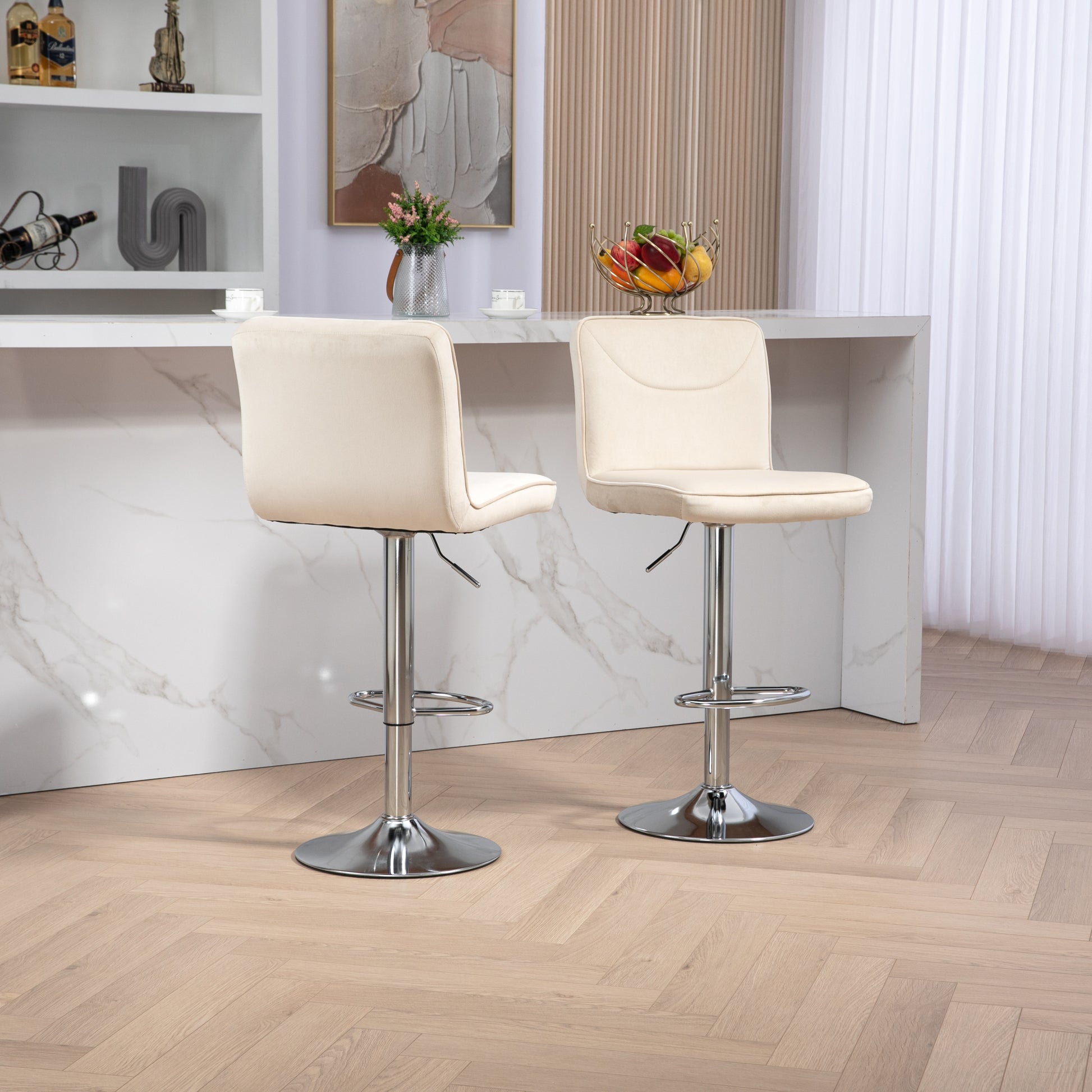 Coolmore Bar Stools With Back And Footrest Counter Height Dining Chairs 2Pc Set,360 Velvet Swivel Bar Stools Set Of 2, Adjustable Counter Height Bar Chairs Ivory Velvet Ivory Foam Velvet