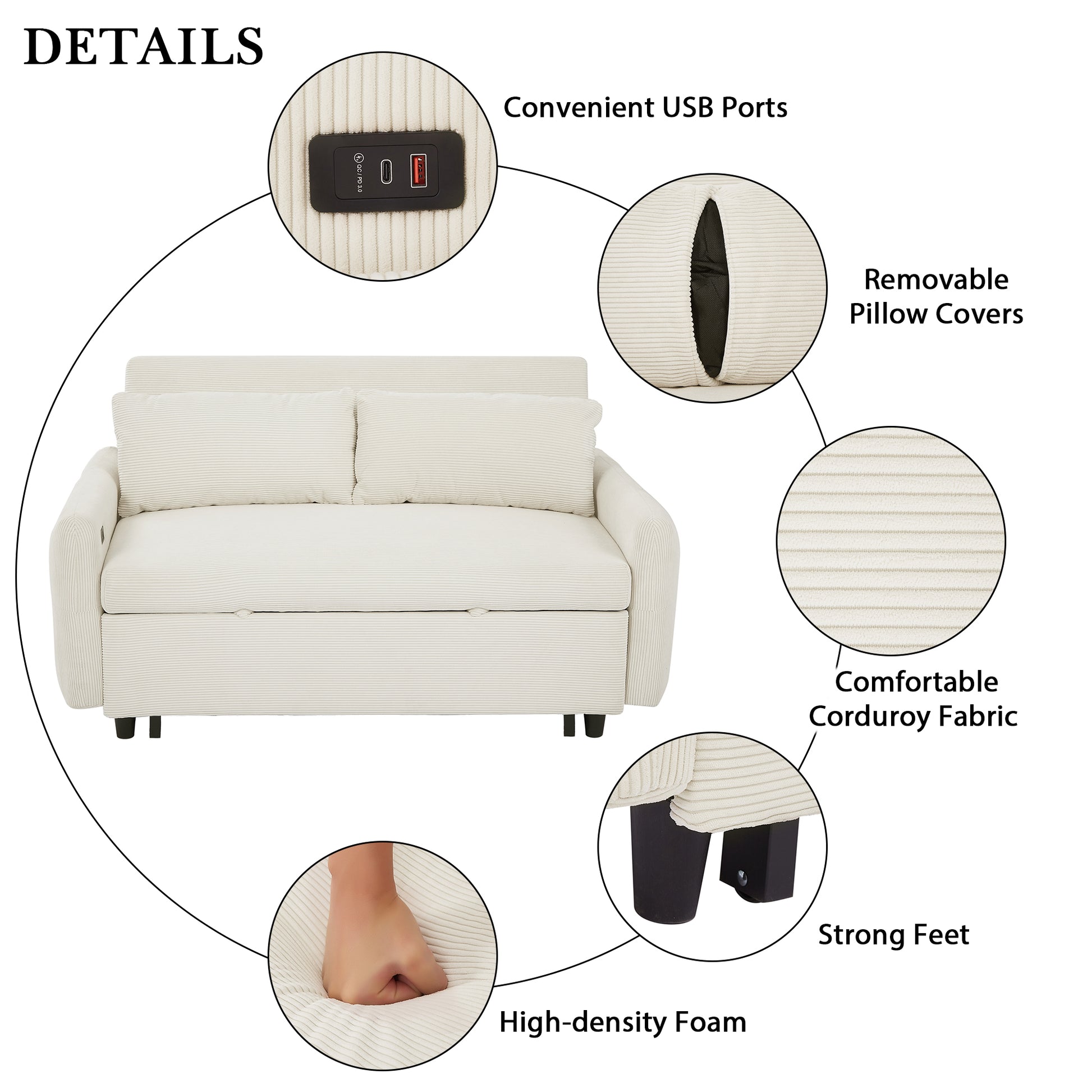 57.48" Pull Out Sofa Bed Convertible Couch 2 Seat Loveseat Sofa Modern Sleeper Sofa With Two Throw Pillows And Usb Ports For Living Room, Beige Old Sku:Wf317760Aaa Beige Foam Corduroy 2 Seat