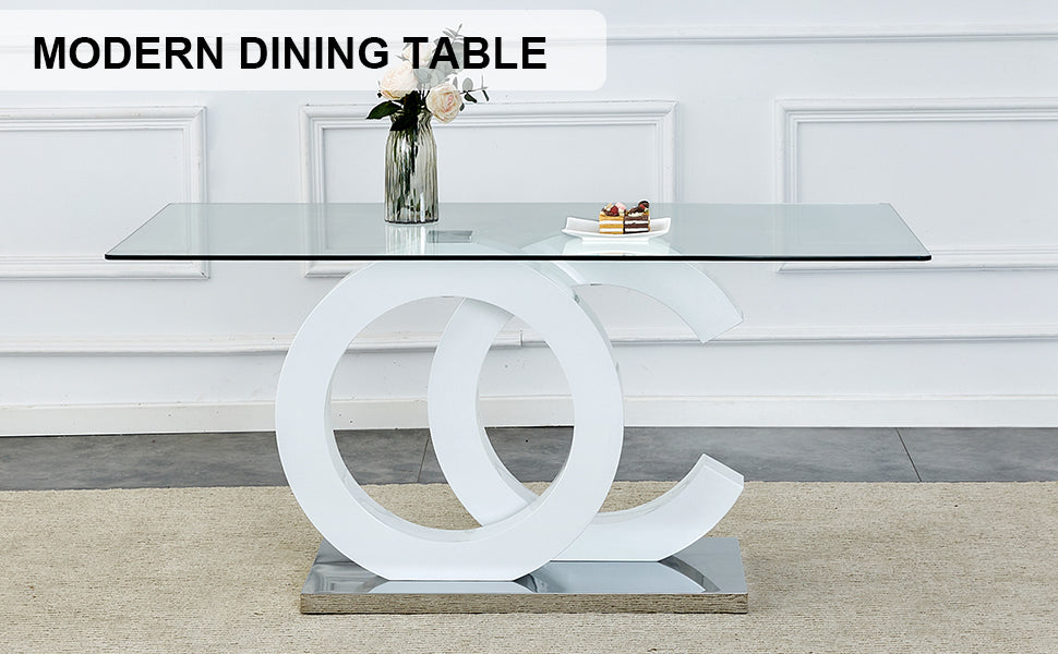 Large Modern Minimalist Rectangular Glass Dining Table, Suitable For 6 8 People, Equipped With 0.39 "Tempered Glass Tabletop, White Mdf Oc Shaped Bracket And Metal Base, Suitable For Kitchen White