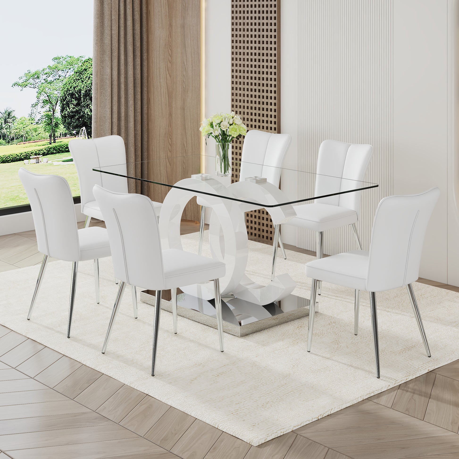 Large Modern Minimalist Rectangular Glass Dining Table, Suitable For 6 8 People, Equipped With 0.39 "Tempered Glass Tabletop, White Mdf Oc Shaped Bracket And Metal Base, Suitable For Kitchen White Glass