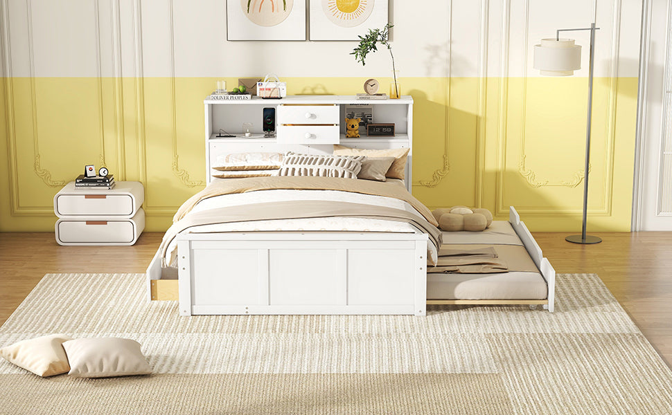 Full Size Wood Pltaform Bed With Win Size Trundle, 3 Drawers, Upper Shelves And A Set Of Usb Ports & Sockets, White White Solid Wood Mdf