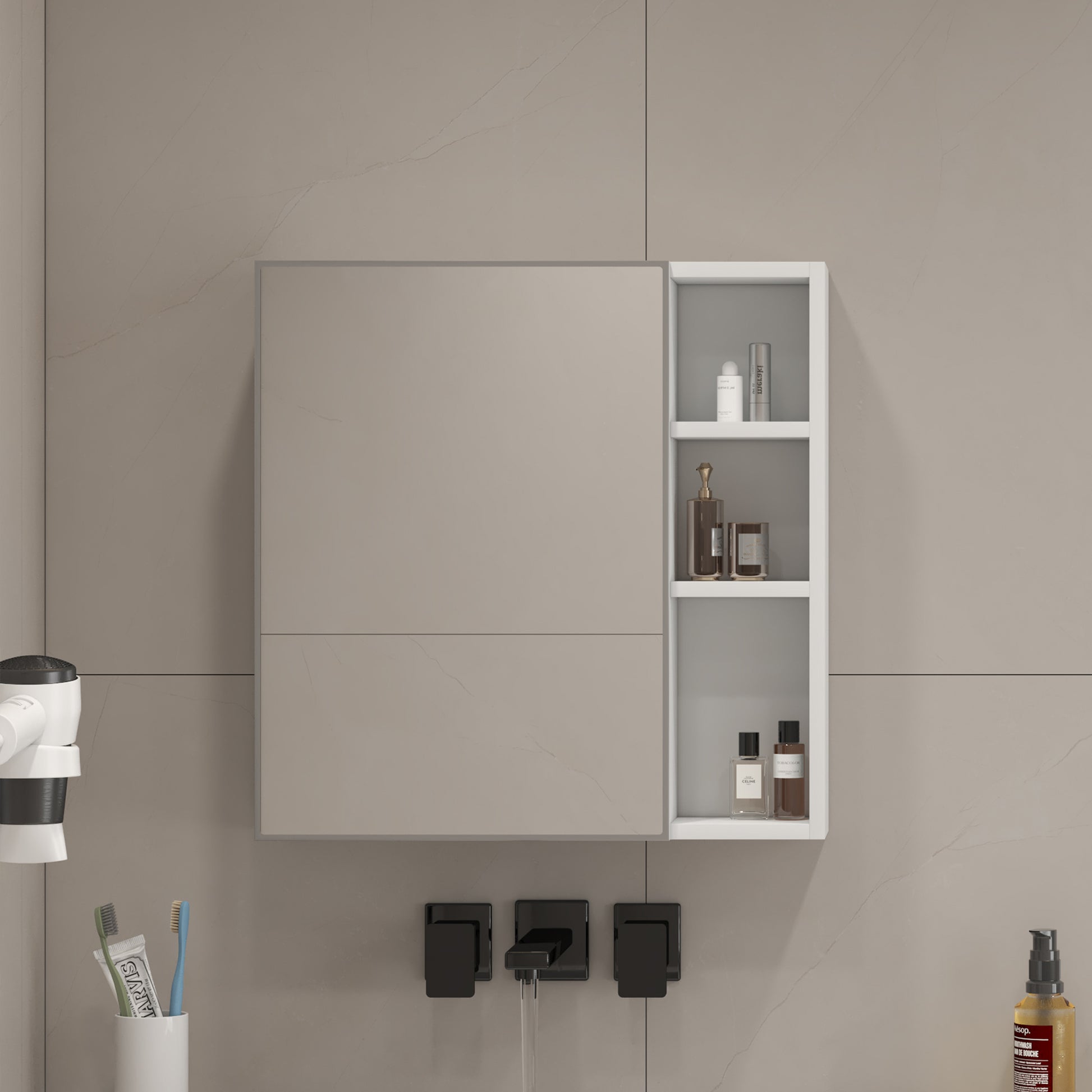 A White Mdf Material Mirror Cabinet, Bathroom Mirror, And A Separate Wall Mounted Bathroom Mirror For Storage And Space Saving. White Mdf Glass