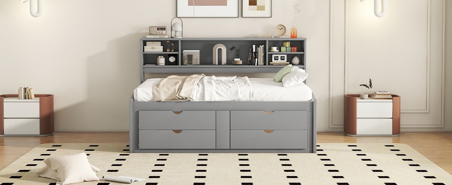 Full Size Wood Daybed With 2 Bedside Cabinets, Upper Shelves And 4 Drawers, Gray Gray Solid Wood Mdf