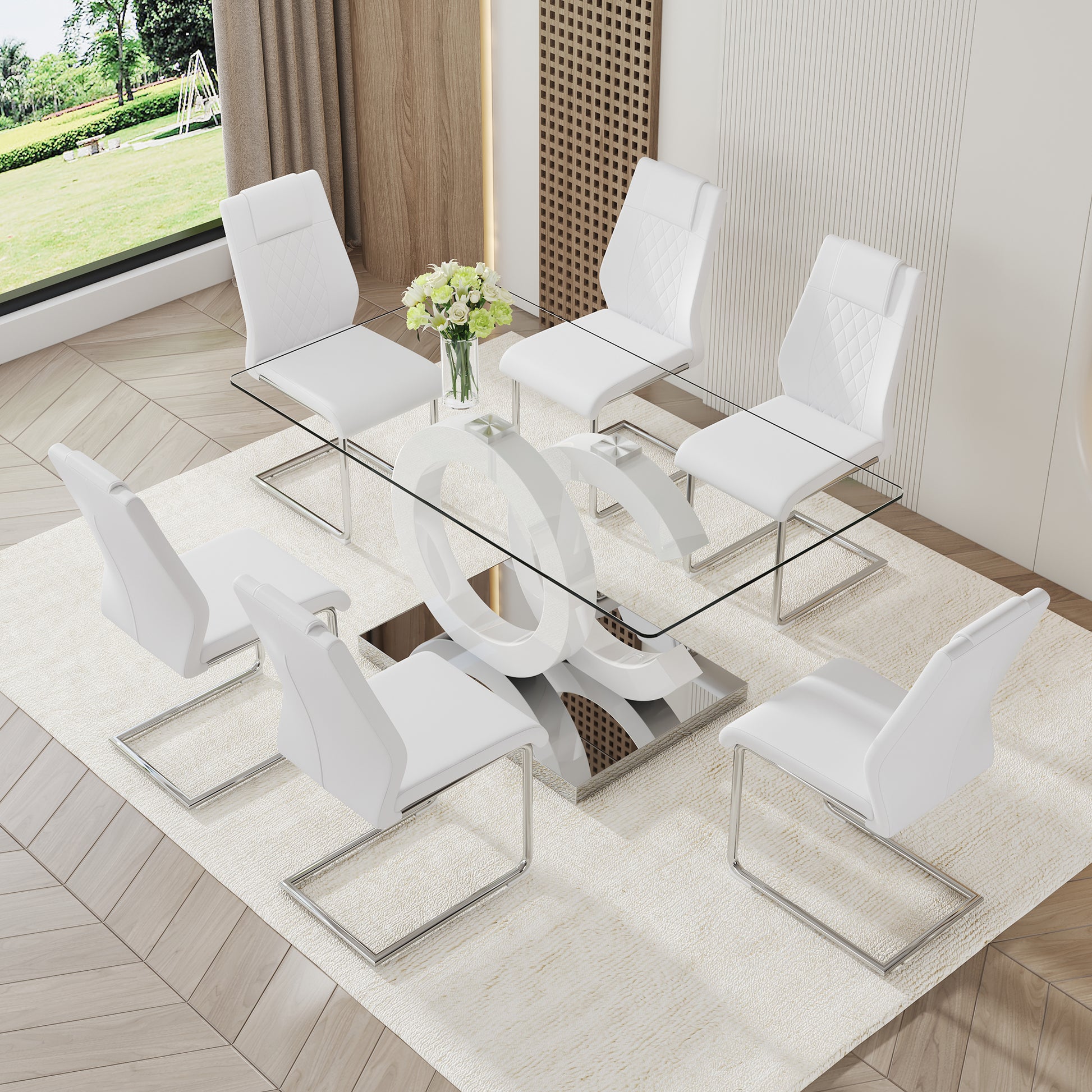 Large Modern Minimalist Rectangular Glass Dining Table, Suitable For 6 8 People, Equipped With 0.39 "Tempered Glass Tabletop, White Mdf Oc Shaped Bracket And Metal Base, Suitable For Kitchen White Glass