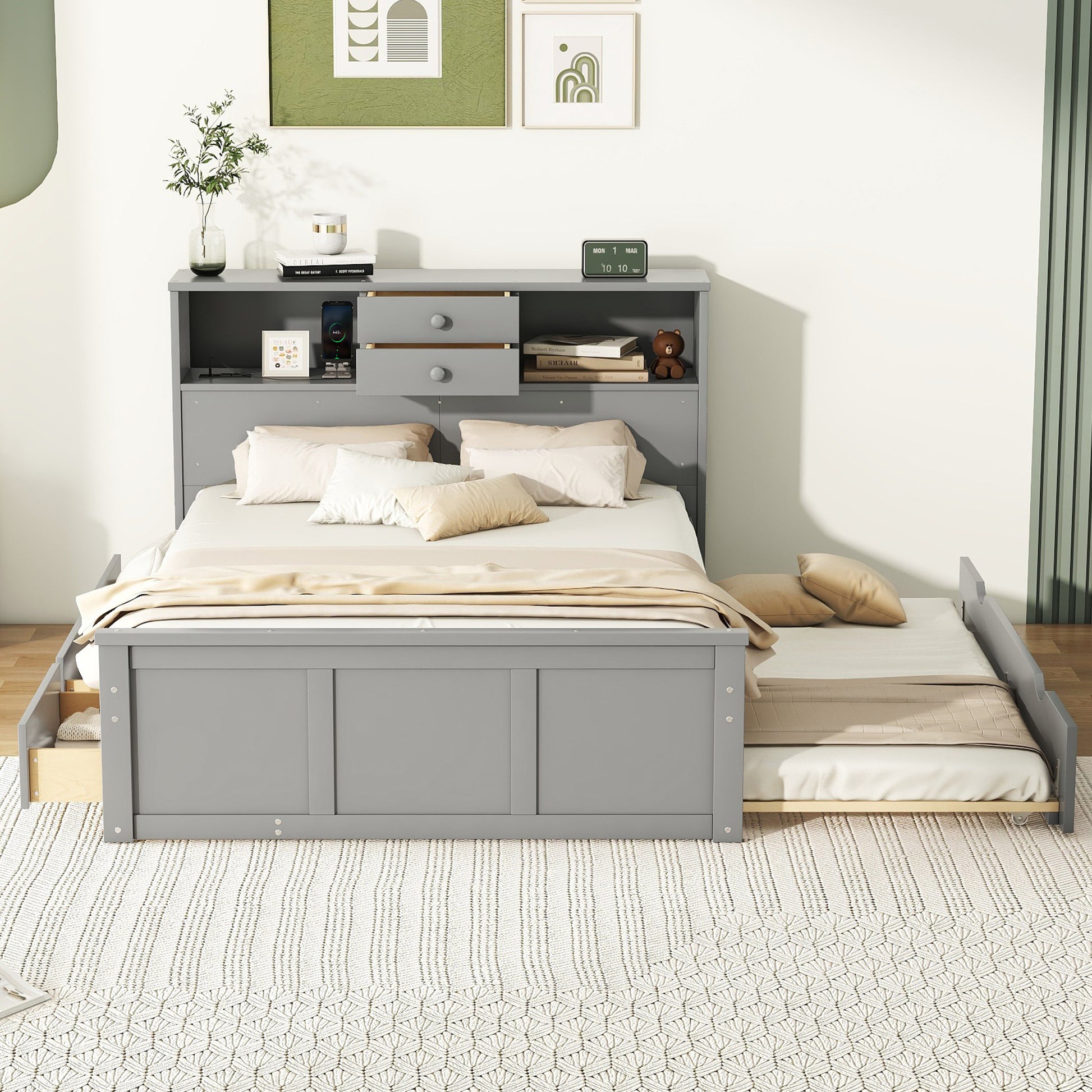 Full Size Wood Pltaform Bed With Win Size Trundle, 3 Drawers, Upper Shelves And A Set Of Usb Ports & Sockets, Gray Gray Solid Wood Mdf