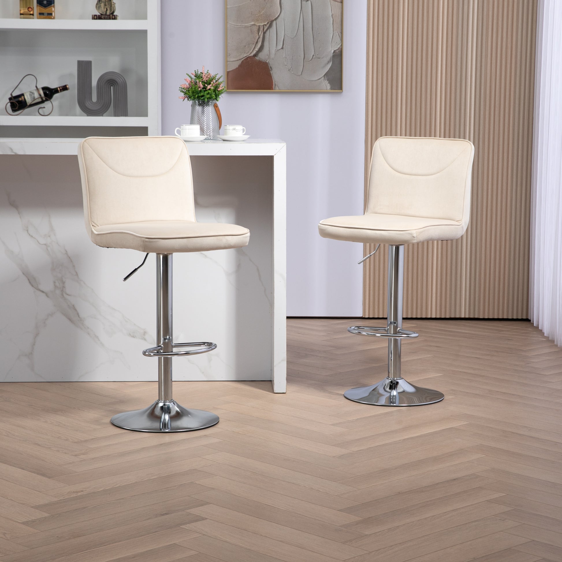 Coolmore Bar Stools With Back And Footrest Counter Height Dining Chairs 2Pc Set,360 Velvet Swivel Bar Stools Set Of 2, Adjustable Counter Height Bar Chairs Ivory Velvet Ivory Foam Velvet