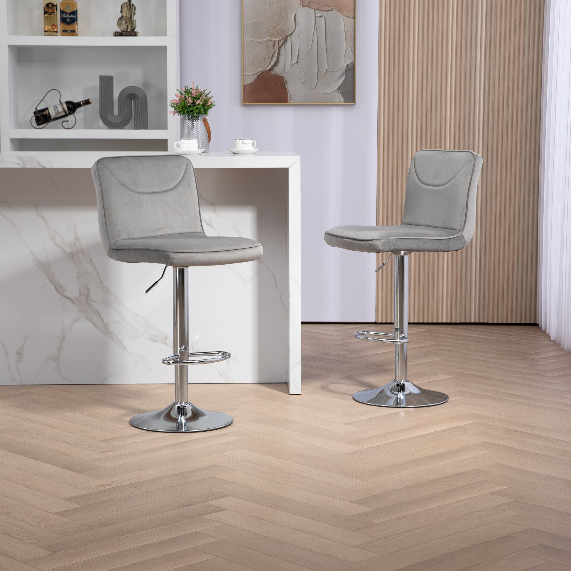 Coolmore Bar Stools With Back And Footrest Counter Height Dining Chairs 2Pc Set,360 Velvet Swivel Bar Stools Set Of 2, Adjustable Counter Height Bar Chairs Gray Velvet Gray Primary Living Space Foam Velvet
