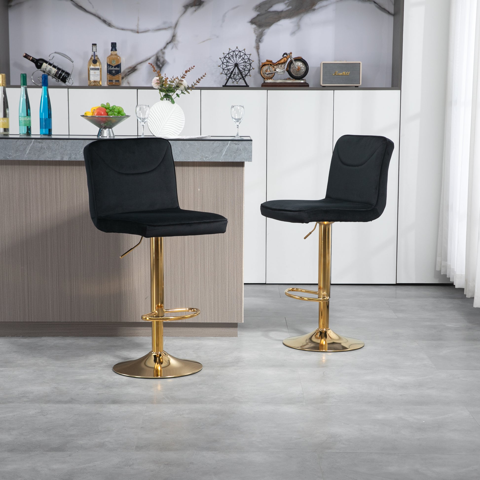 Coolmore Bar Stools With Back And Footrest Counter Height Dining Chairs 2Pc Set,360 Velvet Swivel Bar Stools Set Of 2, Adjustable Counter Height Bar Chairs Black Velvet Black Primary Living Space Foam Velvet