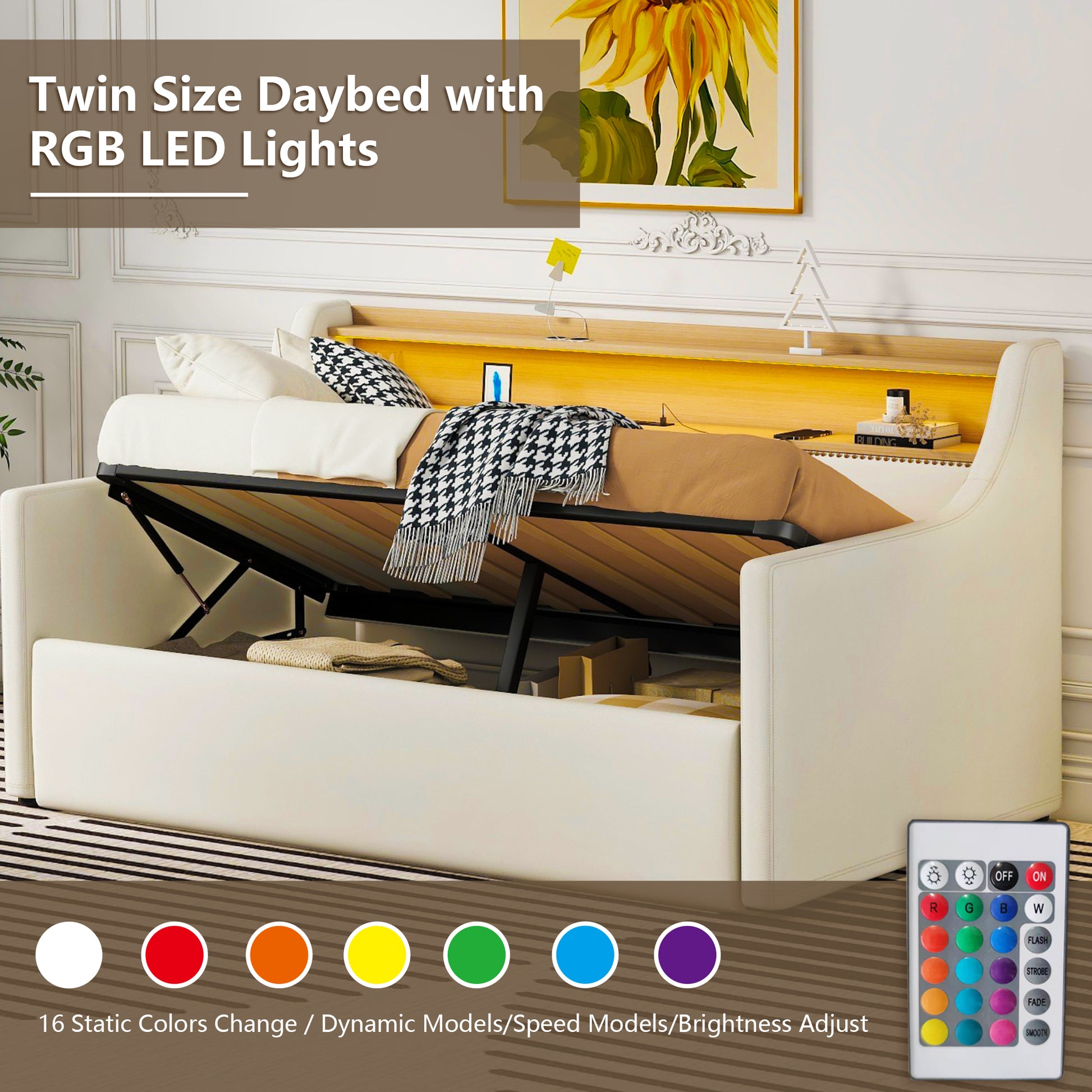 Twin Size Daybed With Hydraulic Storage, Upholstered Daybed With Lift Up Storage, Twin Leather Daybed With Charging Station And Led Lights,White Expect Arrival Date Feb.13Rd Twin White Pu Leather