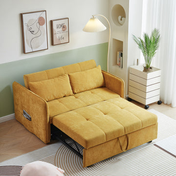 Chenille Fabric Pull Out Sofa Bed,Sleeper Seat Couch With Adjustable Armrests Yellow Yellow Modern Fabric 2 Seat