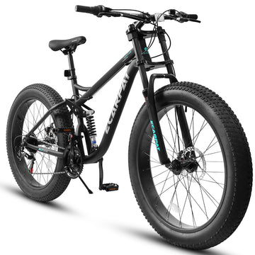 A26309 26 Inch Mountain Bike,Full Suspension 21 Speeds Drivetrain With Disc Brake Mtb Bicycle, 26*4" Fat Tire Bike For Men Or Women. Black Steel