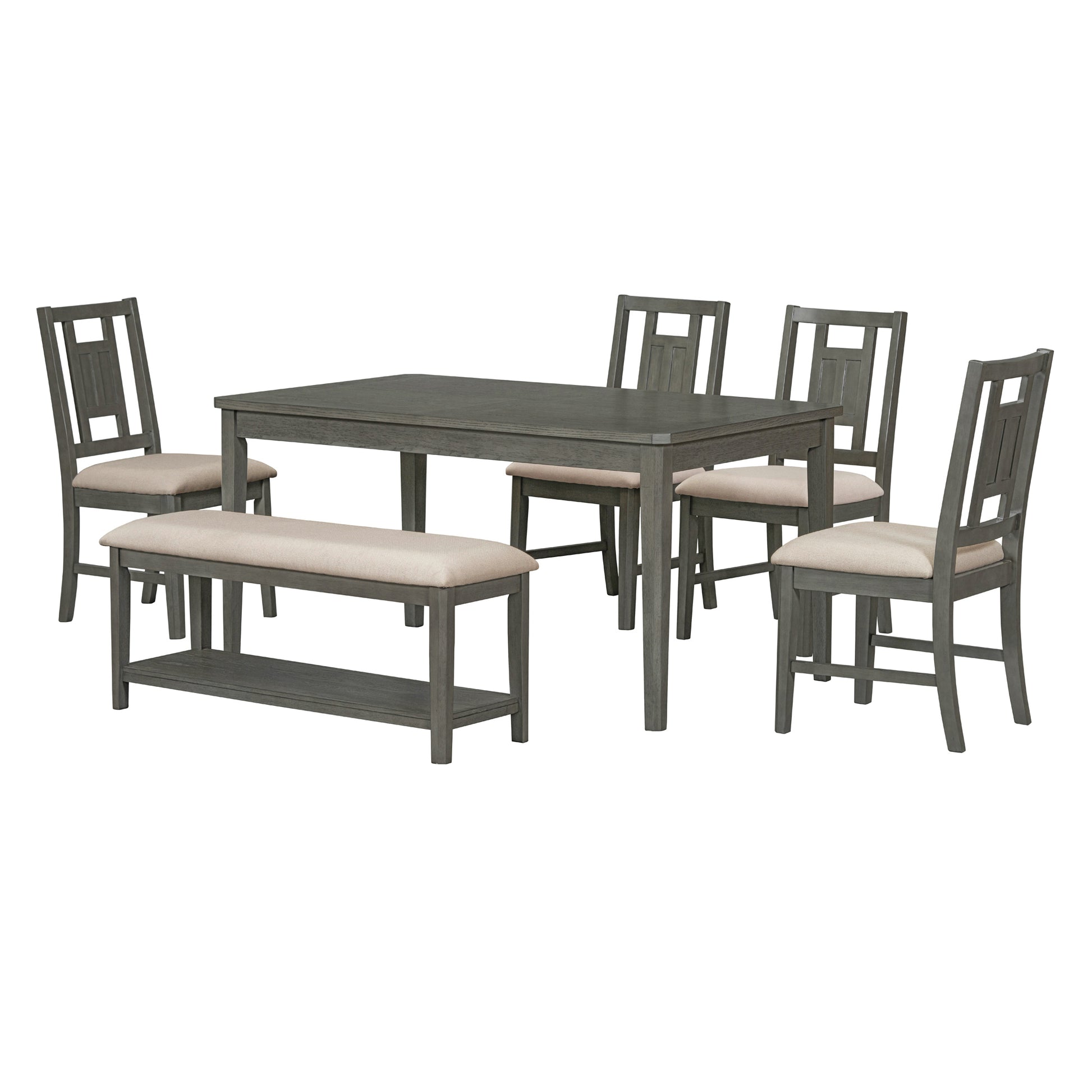 6 Piece Retro Dining Set, Minimalist Dining Table And 4 Upholstered Chairs & 1 Bench With A Shelf For Dining Room Dark Gray Dark Gray Mdf