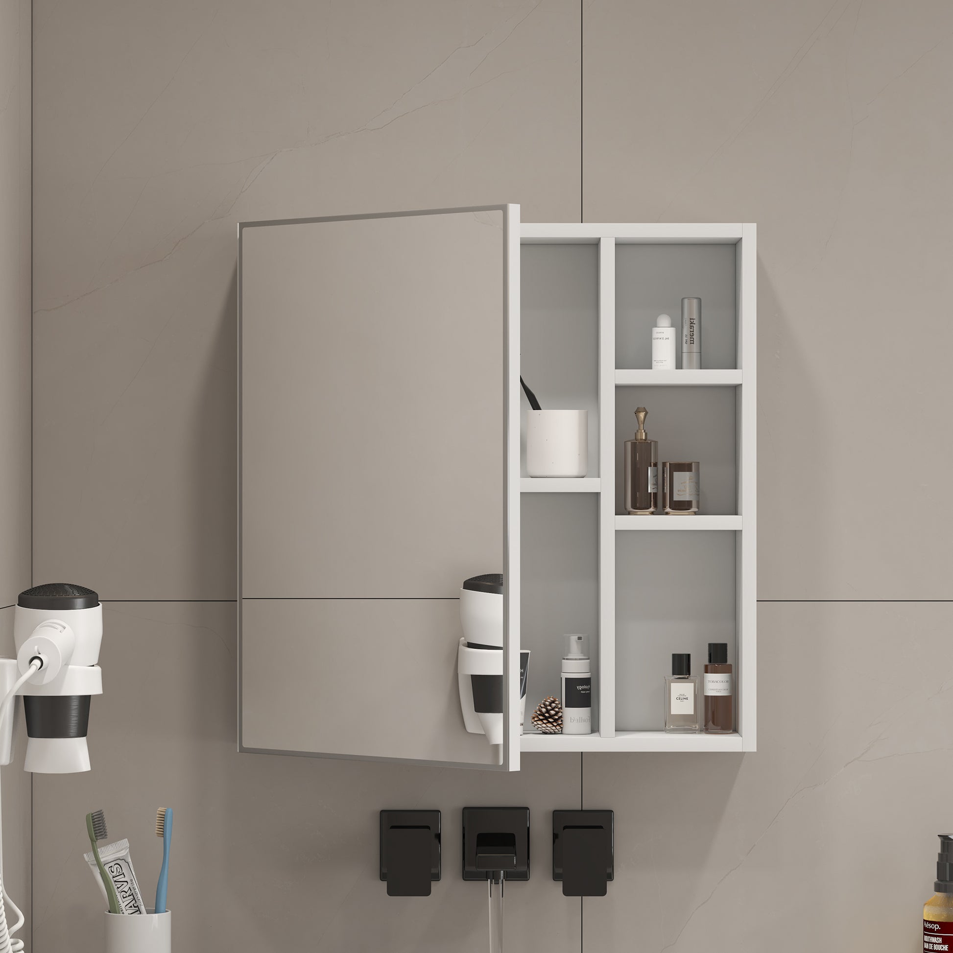 A White Mdf Material Mirror Cabinet, Bathroom Mirror, And A Separate Wall Mounted Bathroom Mirror For Storage And Space Saving. White Mdf Glass