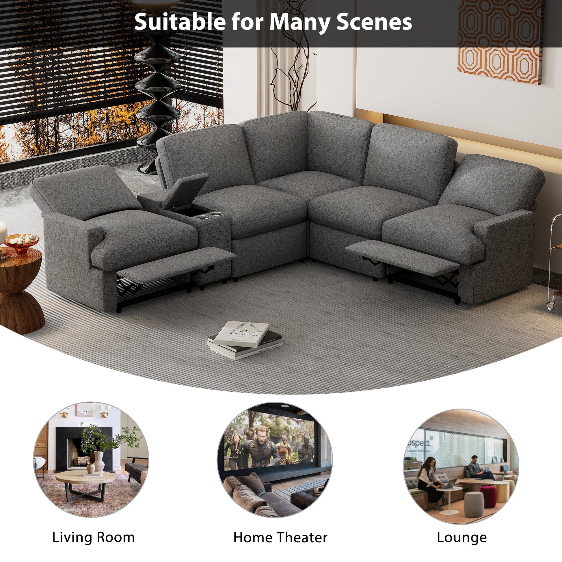 104'' Power Recliner Corner Sofa Home Theater Reclining Sofa Sectional Couches With Storage Box, Cup Holders, Usb Ports And Power Socket For Living Room, Dark Grey Dark Grey Foam Linen 4 Seat