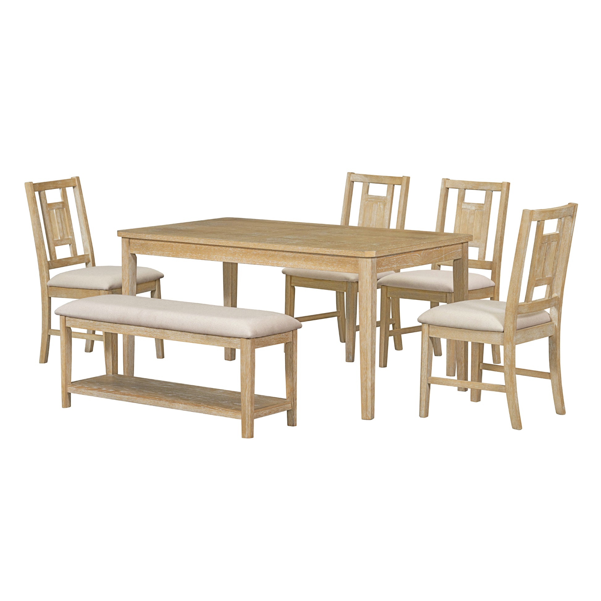 6 Piece Retro Dining Set, Minimalist Dining Table And 4 Upholstered Chairs & 1 Bench With A Shelf For Dining Room Natural Wood Wash Natural Wood Wash Mdf