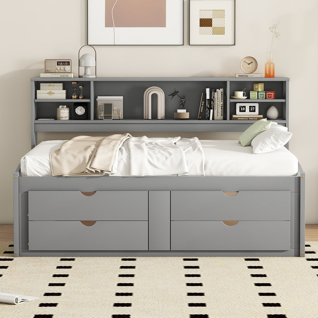 Full Size Wood Daybed With 2 Bedside Cabinets, Upper Shelves And 4 Drawers, Gray Gray Solid Wood Mdf