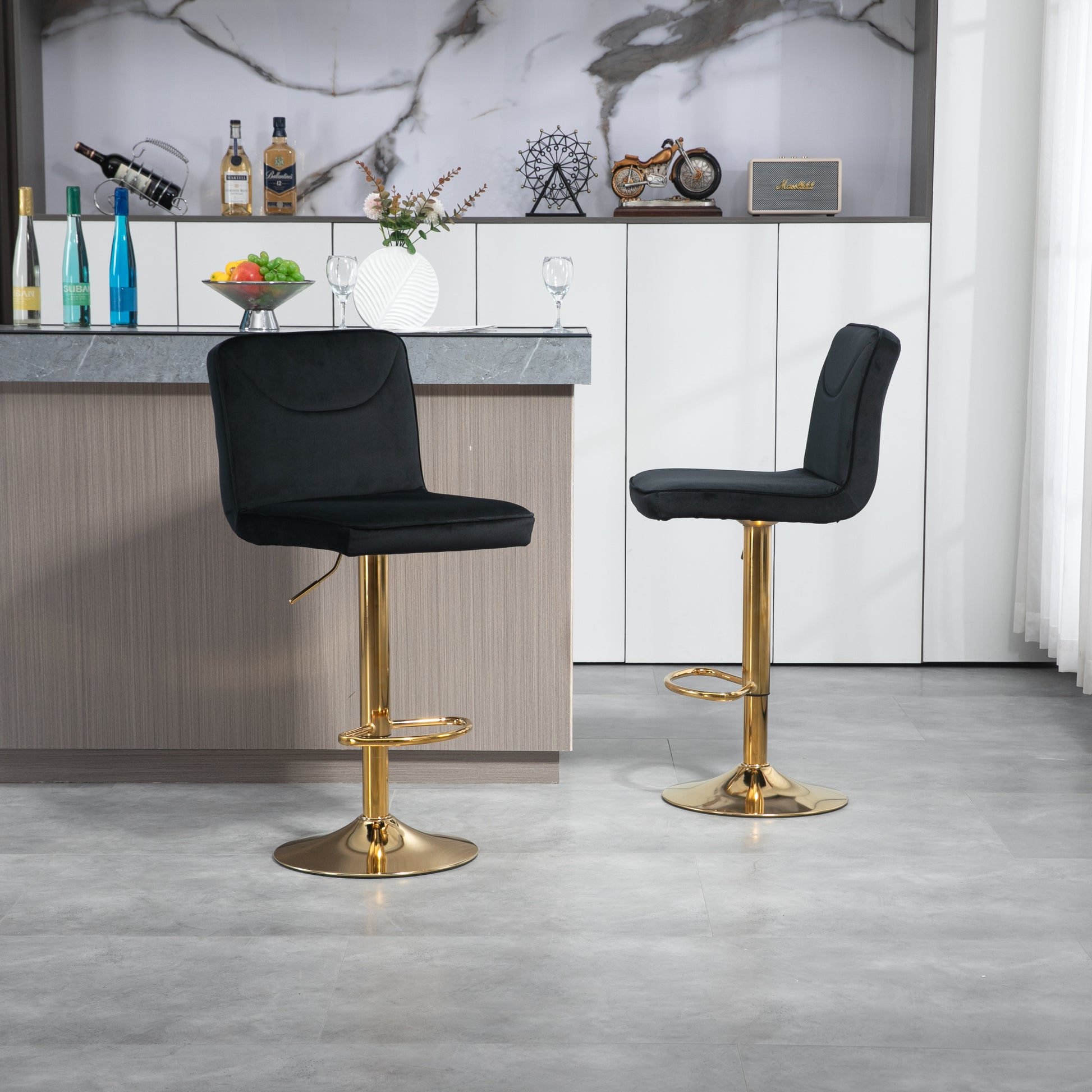 Coolmore Bar Stools With Back And Footrest Counter Height Dining Chairs 2Pc Set,360 Velvet Swivel Bar Stools Set Of 2, Adjustable Counter Height Bar Chairs Black Velvet Black Primary Living Space Foam Velvet