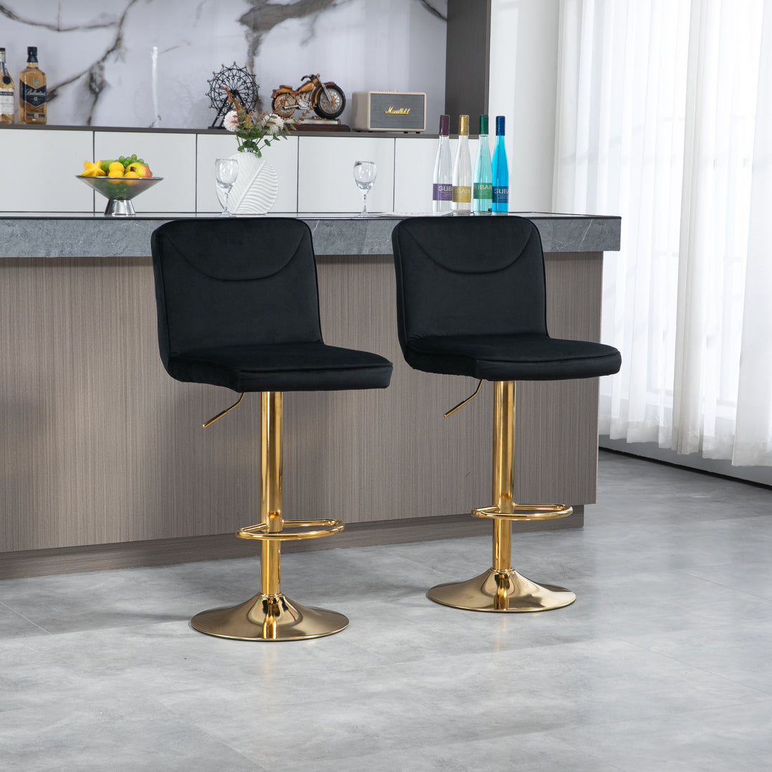 Coolmore Bar Stools With Back And Footrest Counter Height Dining Chairs 2Pc Set,360 Velvet Swivel Bar Stools Set Of 2, Adjustable Counter Height Bar Chairs Black Velvet Black Primary Living Space Foam Velvet