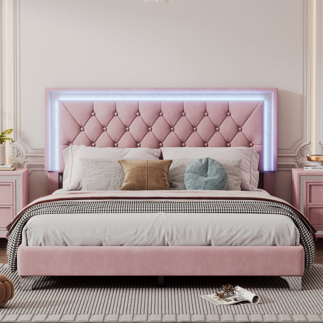 Queen Size Upholstered Bed Frame With Led Lights,Modern Velvet Platform Bed With Tufted Headboard,Pink Queen Pink Velvet