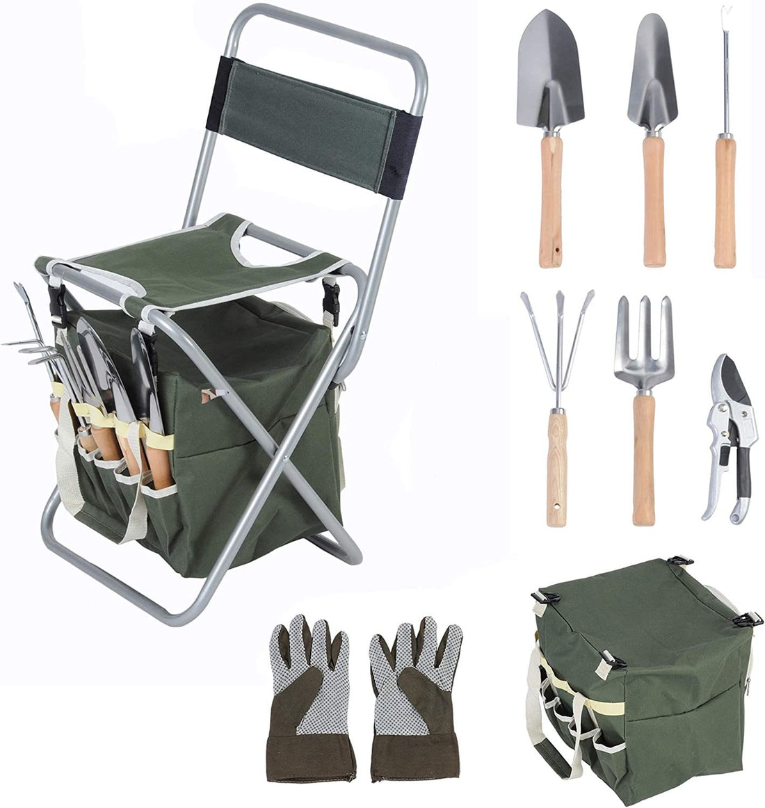 9 Pcs Garden Tools Set Ergonomic Wooden Handle Sturdy Stool With Detachable Tool Kit Perfect For Different Kinds Of Gardening Green Metal