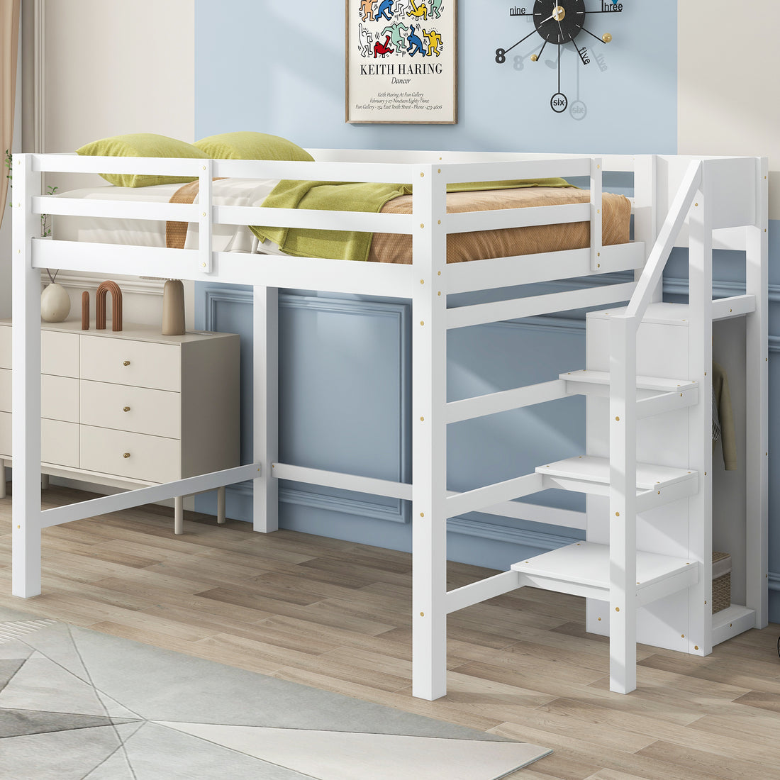 Full Size Loft Bed With Built In Storage Wardrobe And Staircase, White Box Spring Not Required Full White Wood Bedroom Pine