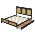 Queen Size Wood Storage Platform Bed With 2 Drawers, Rattan Headboard And Footboard, Black Box Spring Not Required Queen Black Wood Bedroom Bed Frame Wood Rattan