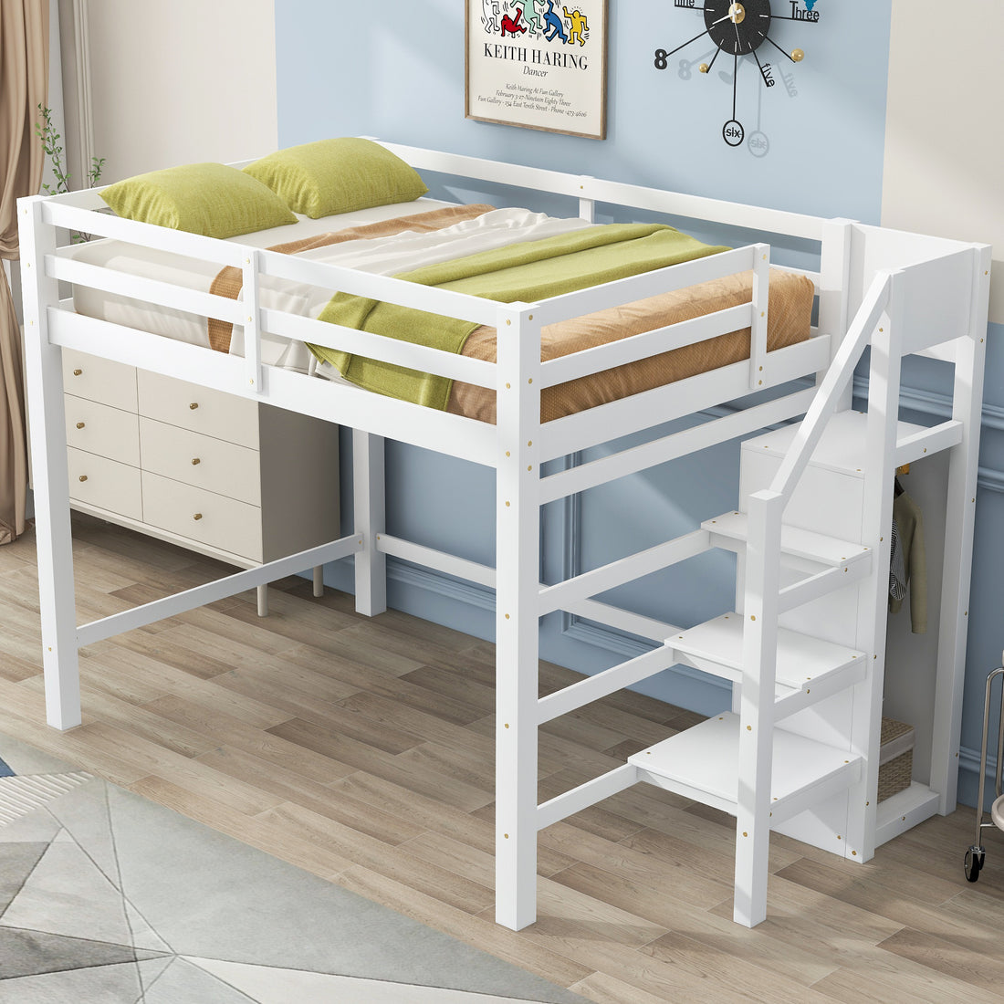 Full Size Loft Bed With Built In Storage Wardrobe And Staircase, White Box Spring Not Required Full White Wood Bedroom Pine